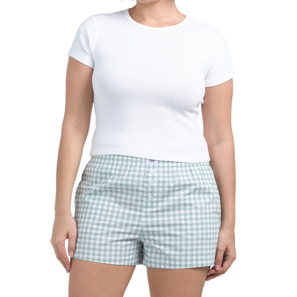 White Tee and Green Checkered Shorts Set